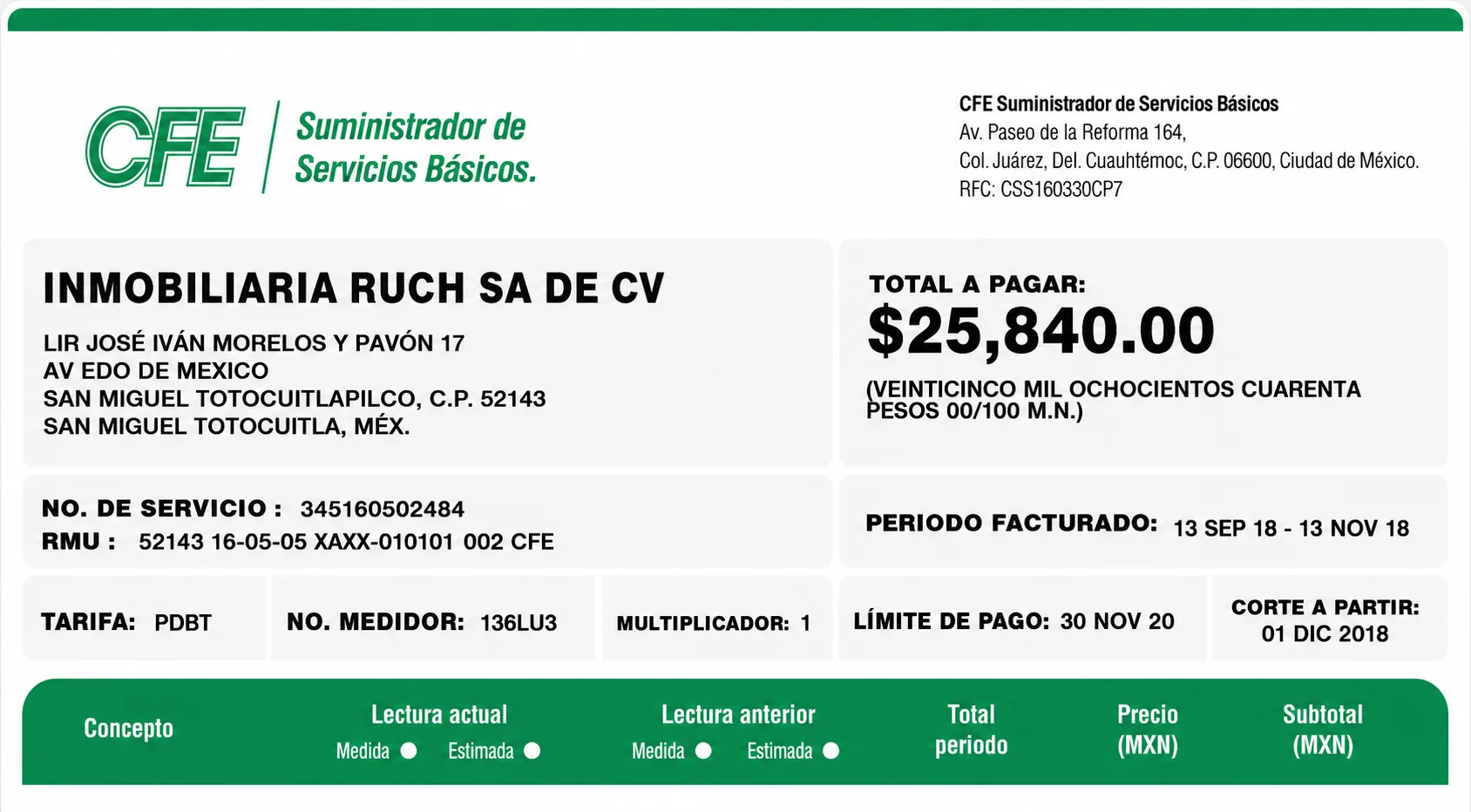 Recibo CFE antes — Industrial Becomar