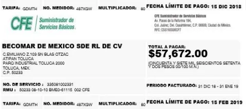 Recibo CFE antes — Residencial Moncada