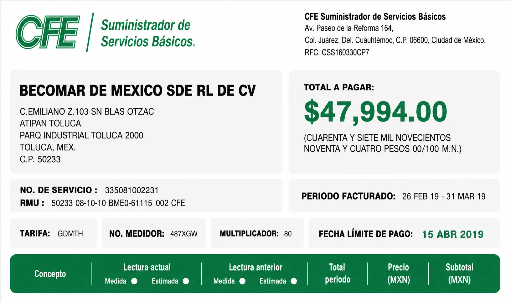 Recibo CFE antes — Comercial Tepotzotlán