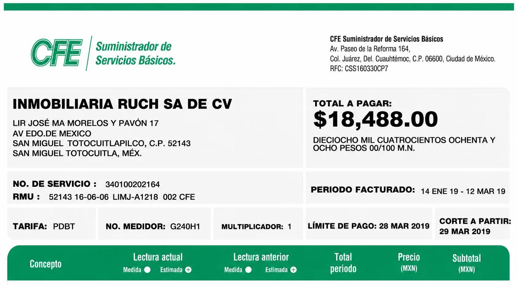 Recibo CFE después — Industrial Becomar